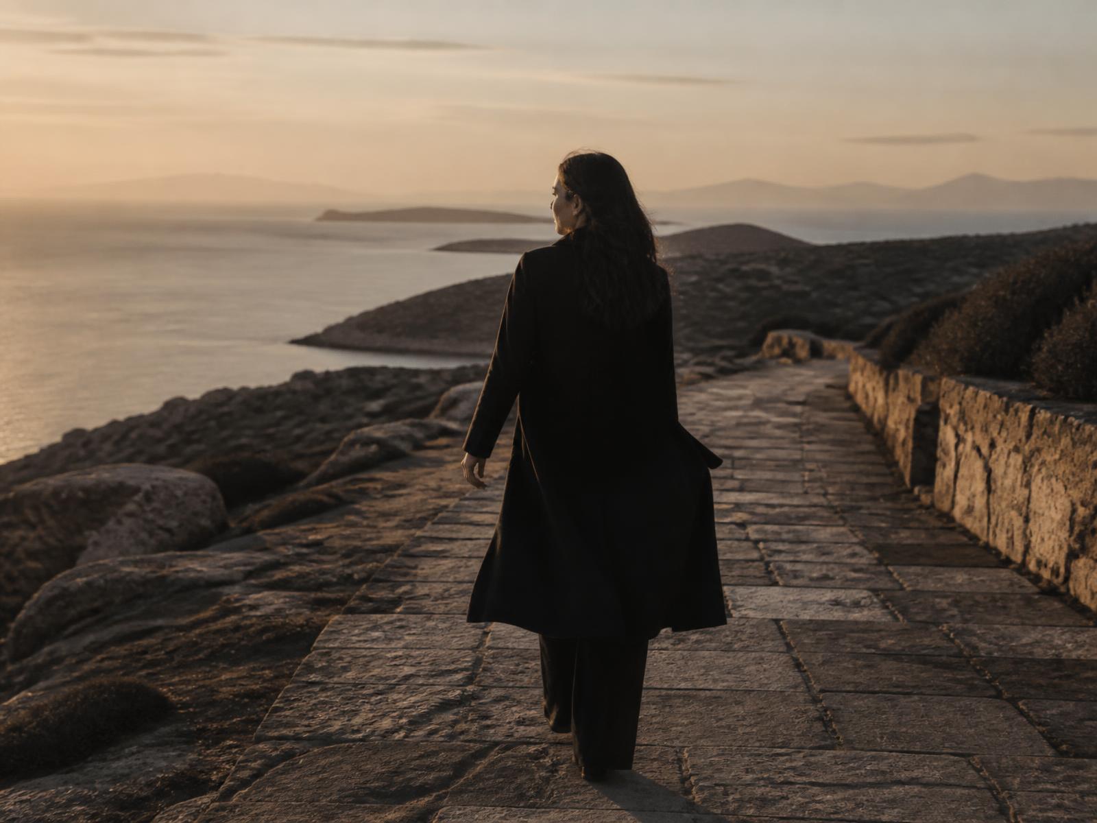 Femme marchant sur un chemin de pierre face à l'horizon méditerranéen