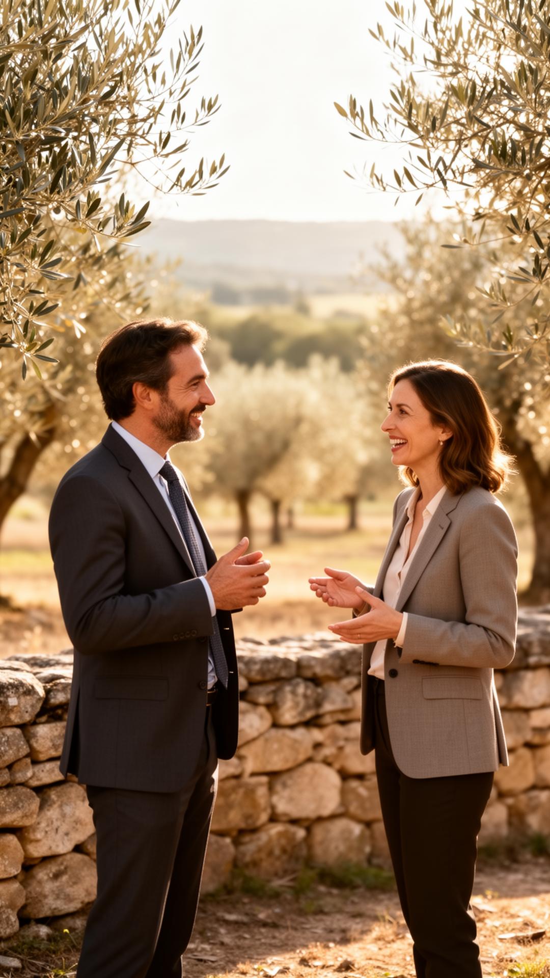 Deux dirigeants échangeant à l'extérieur, ambiance chaleureuse en Provence
